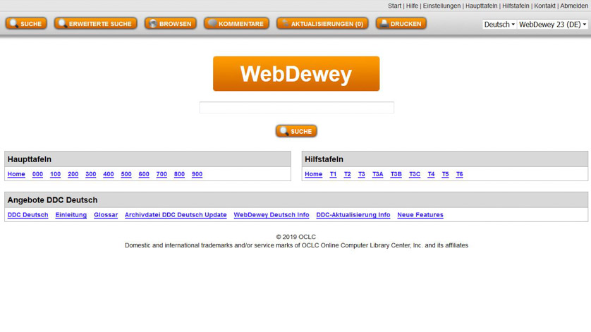 Startseite des Onlinetools Webdewey für das Klassifizieren mit der Dewey Dezimalklassifikation