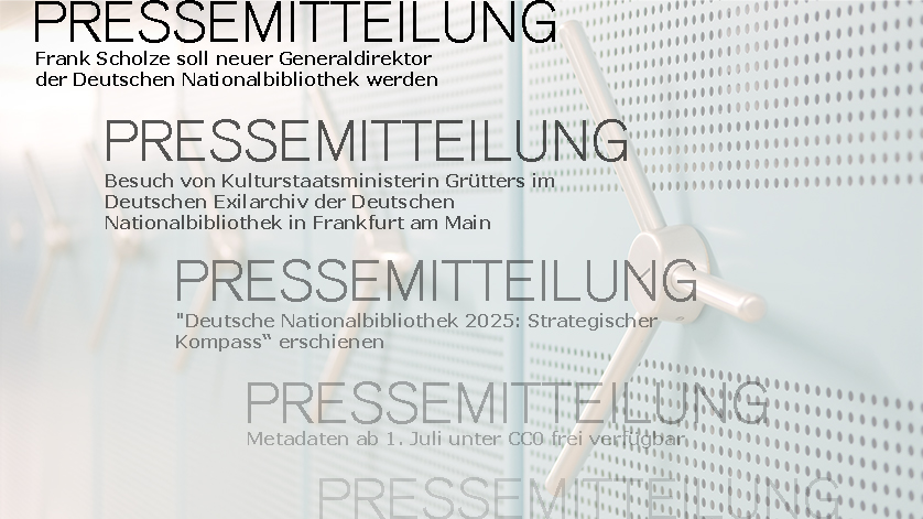 Untereinander die Teaser mehrerer Pressemitteilungen; im Hintergrund die Kompaktanlage im Magazin in Frankfurt am Main