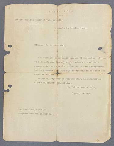 Abschrift der vorläufigen Aufenthaltsgenehmigung Schwesigs in Belgien vom 26.10.1935.