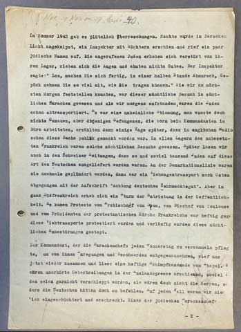Seite aus dem Pyrenäenbericht Schwesigs zur Deportation von Juden 1942 aus dem Internierungslager Noé.