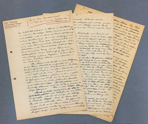Handschriftlicher Bericht Schwesigs nach 1945 zu den Folterungen im Schlegelkeller.