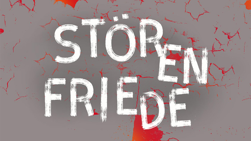The capitalised word “Störenfriede” (“disruptive elements”), written with broad brush-strokes in white paint on red-primed craquelure paper