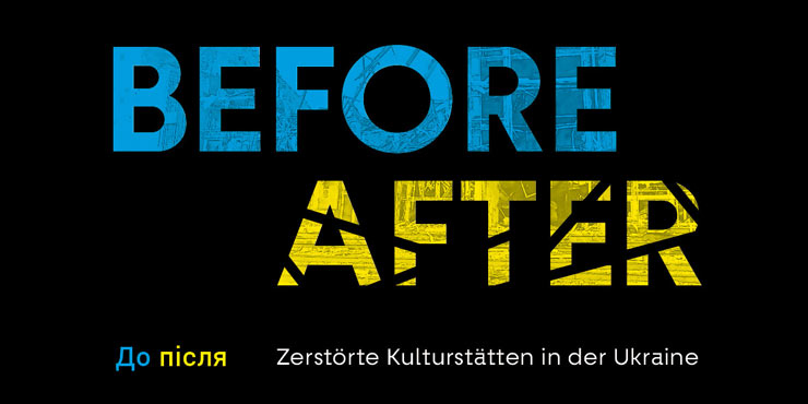Exhibition graphic with the title of the exhibition in blue and yellow.