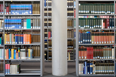 Systematic open-access shelving in the reading room of the German National Library in Frankfurt am Main; shelves with books