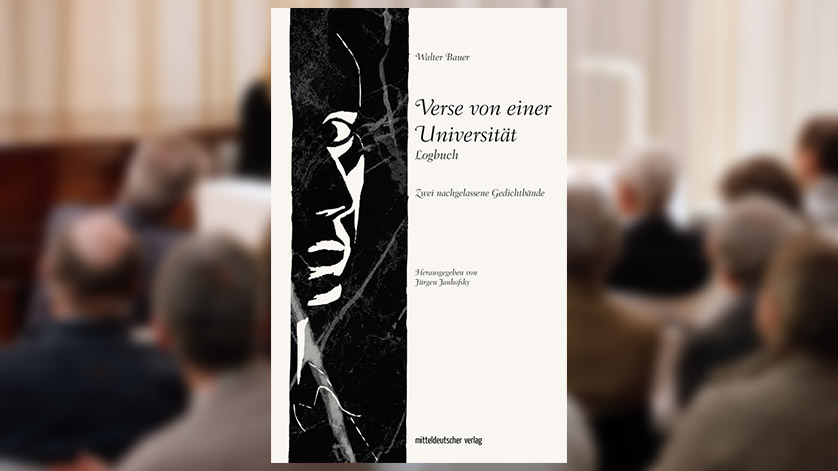 Cover des Buches „Verse von einer Universität“, im Hintergrund Publikum einer Veranstaltung