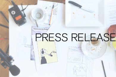 Cups and a cutting board and knife on a table with clips from comic drawings between them; superimposed on it the word Press Release