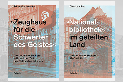 Buchumschläge der beiden Publikationen, historische Schwarz-Weiß-Aufnahmen der Deutschen Bücherei als Hintergrundbilder für die Buchumschläge